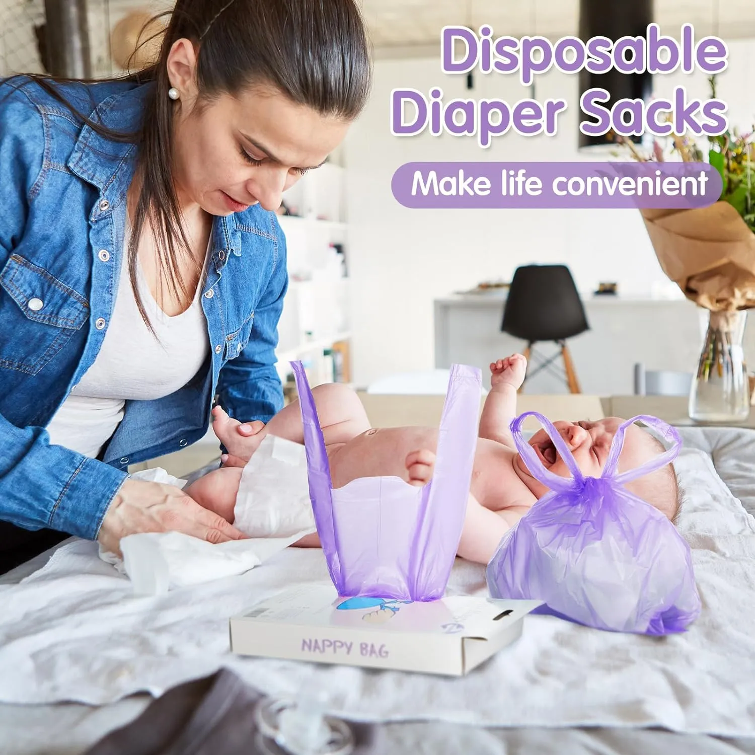 100 Count Baby Disposable Diaper Bags with Tie Handle Baby Poop Bags Waste Bag Refill (Purple)