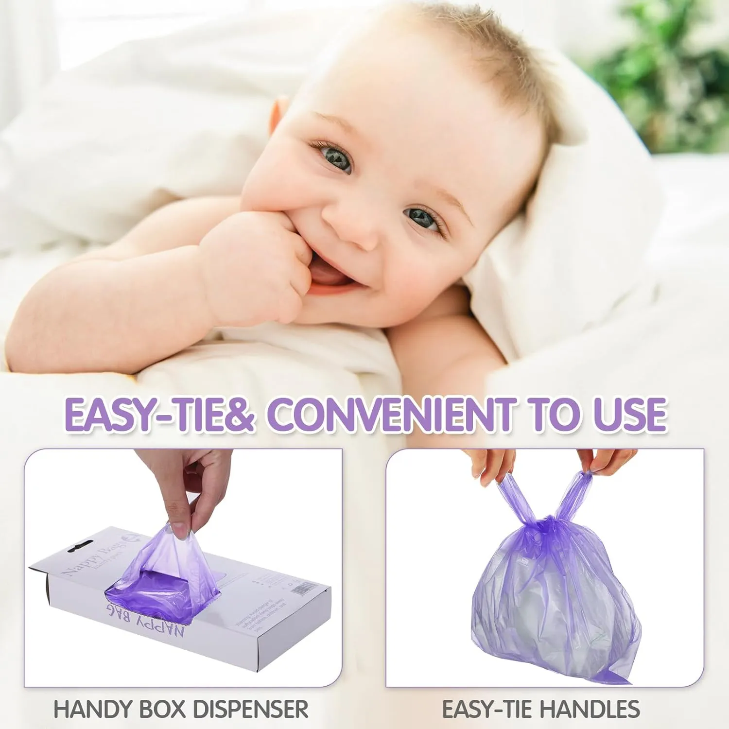 100 Count Baby Disposable Diaper Bags with Tie Handle Baby Poop Bags Waste Bag Refill (Purple)