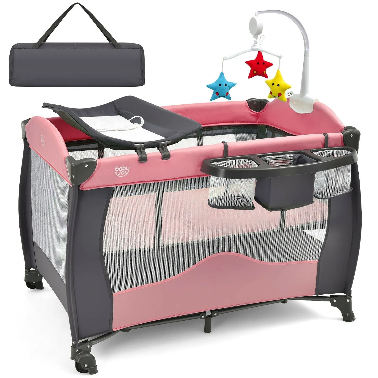 3 in 1 Baby Playard Portable Infant Nursery Center with Music Box-Pink