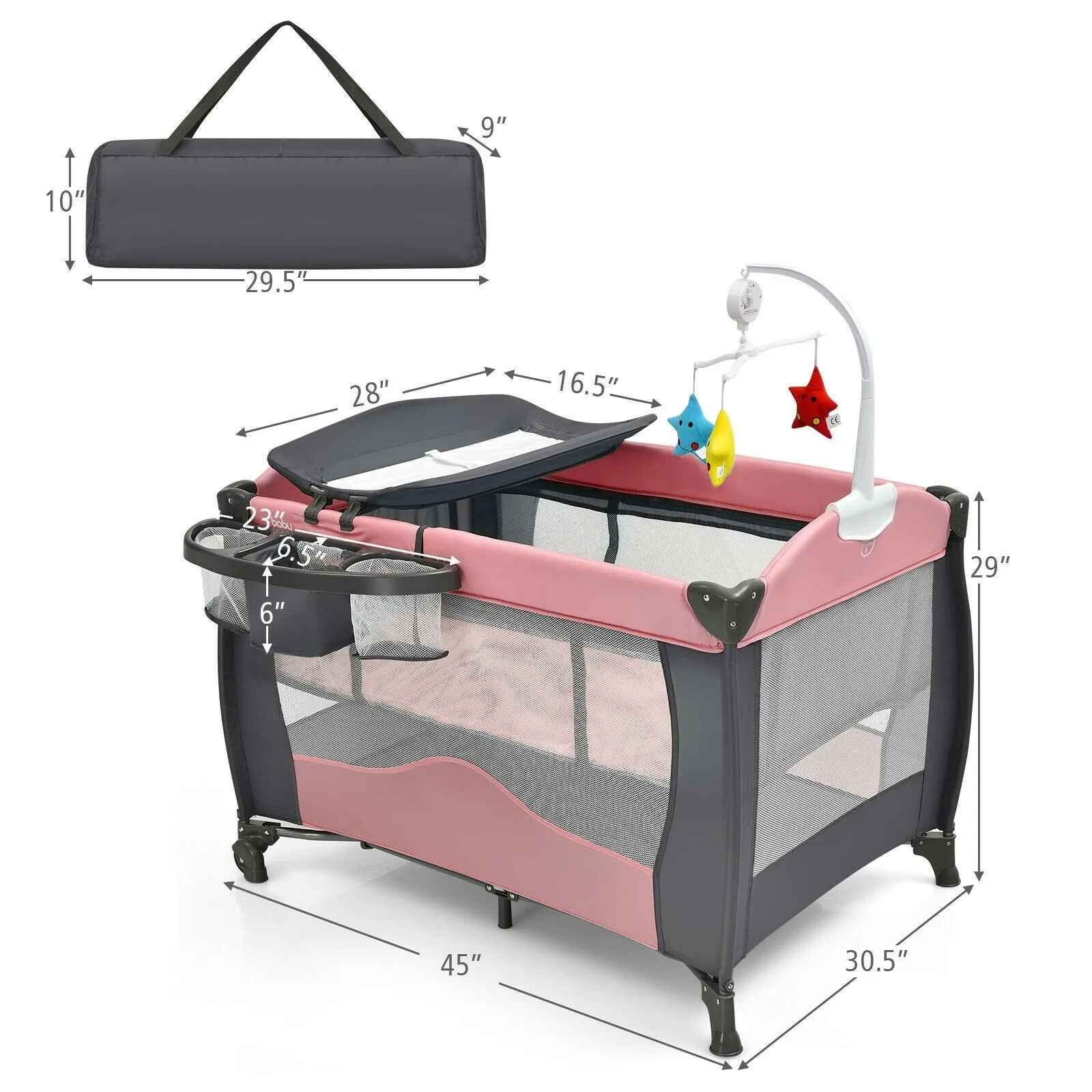 3 in 1 Baby Playard Portable Infant Nursery Center with Music Box-Pink