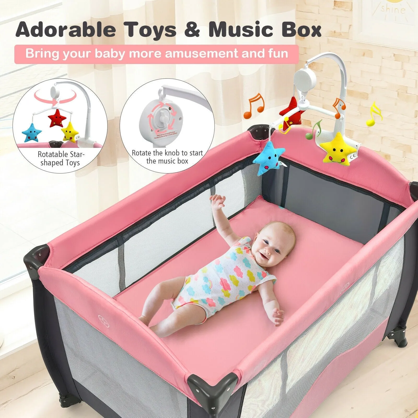 3 in 1 Baby Playard Portable Infant Nursery Center with Music Box-Pink