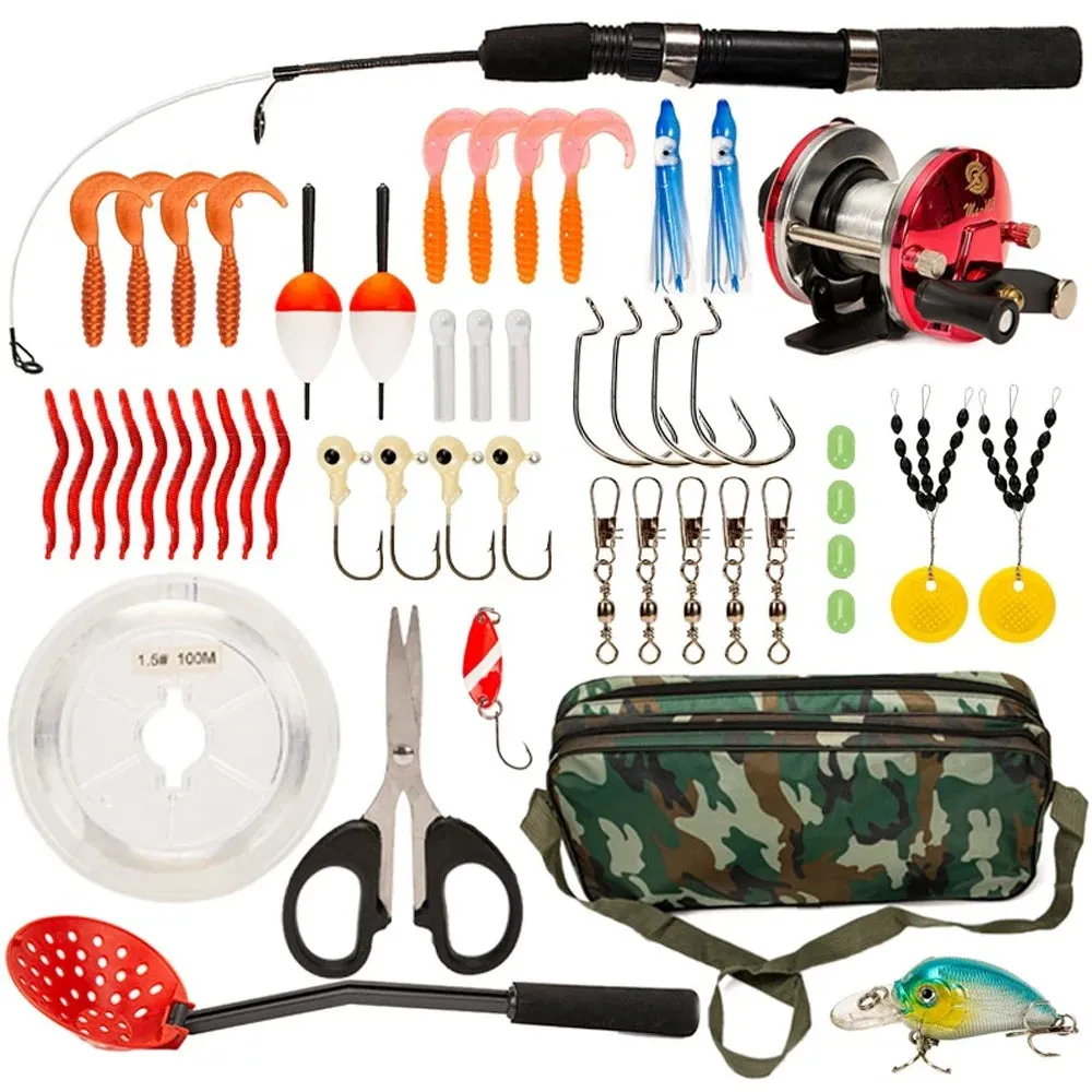 52pcs Ice Fishing Gear Set Ice Fishing Rod and Reel Combo with Ice Fishing Scoo p Ice Fishing Hook Fishing Lures