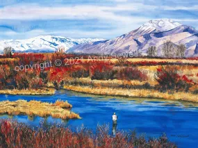 A "Late Season Silvercreek" - a Limited Edition watercolor art Print of Idaho's famed Silvercreek in the Fall, Flyfishing  wall art, .