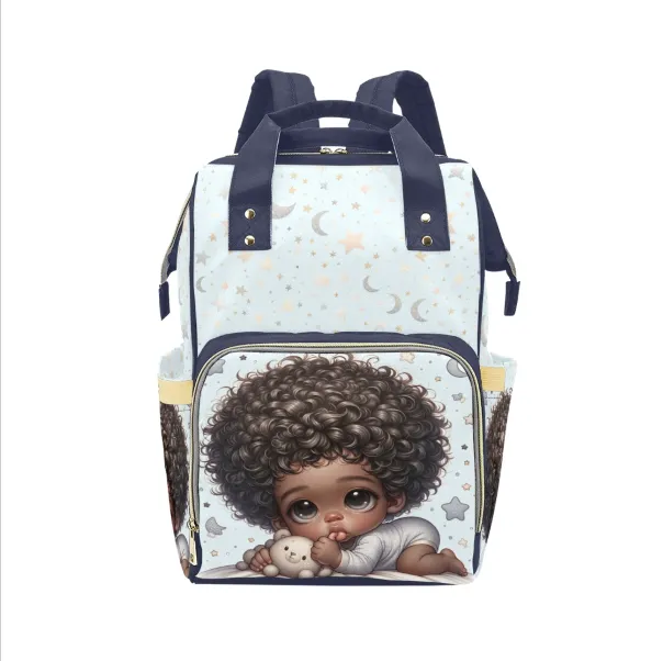 African American Baby Boy in Pajamas and Teddy Bear Diaper Backpack Multi-Function Backpack