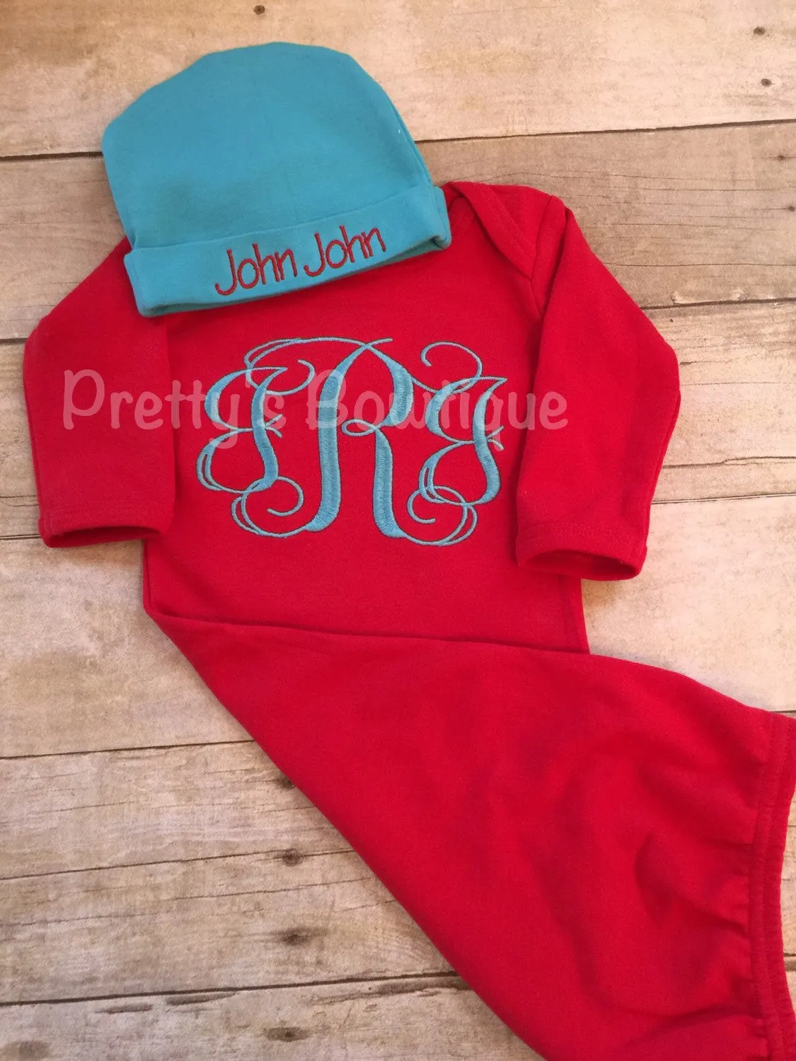 Baby boy coming home outfit -- monogrammed gown-- Monogramed newborn gown and hat -- baby shower gift