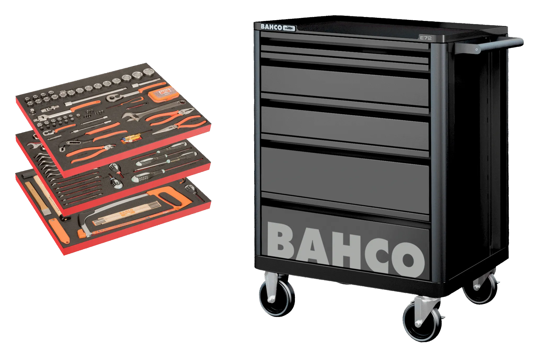 Bahco BASIC 158pce Foam Inlay Tool Kit in E72 5 Drawer Black Roller Cabinet