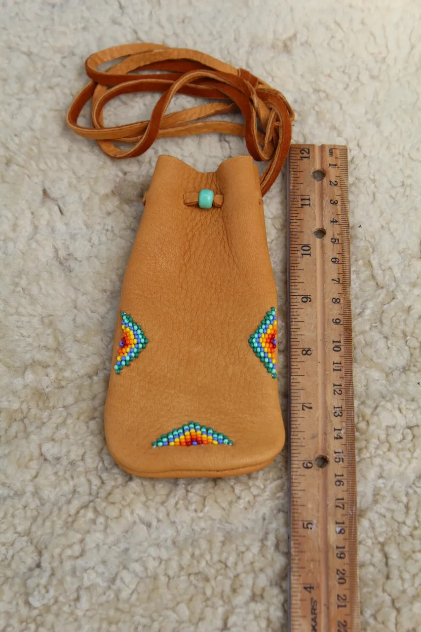 beaded leather pouch, crystal medicine bag