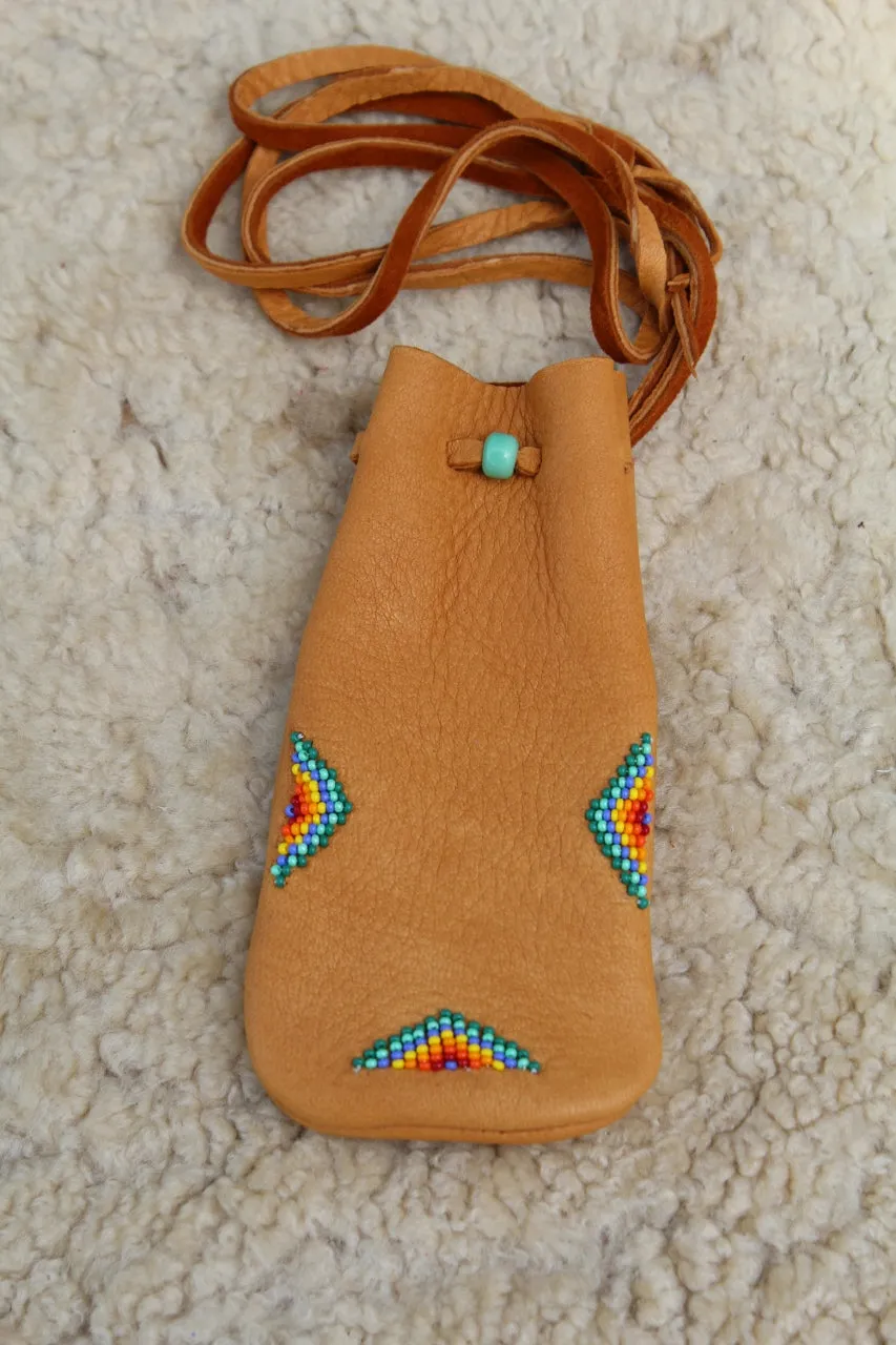 beaded leather pouch, crystal medicine bag