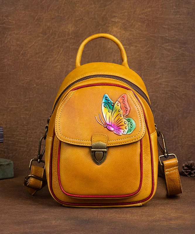 Beautiful Yellow Embossing Paitings Calf Leather Backpack Bag