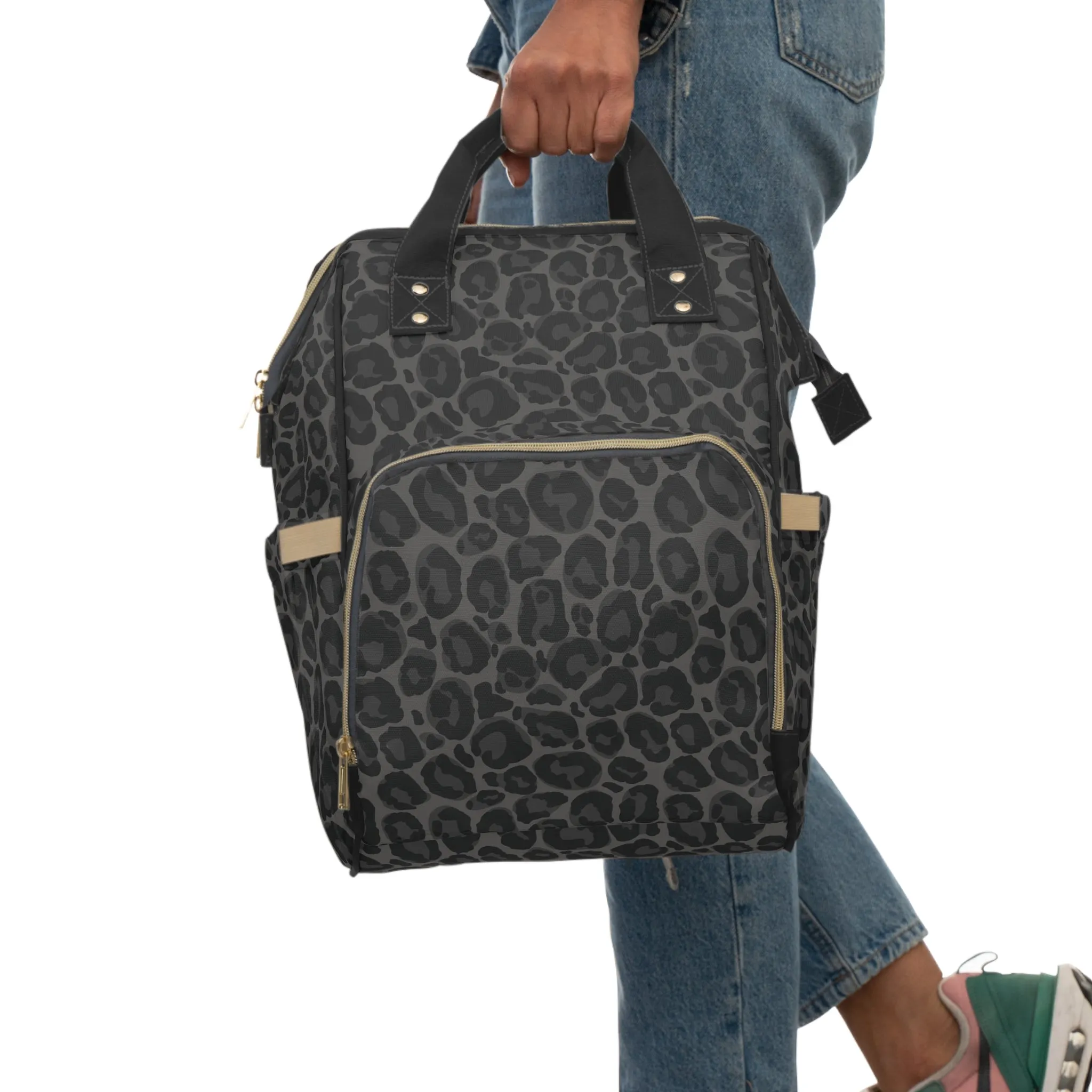 Black Leopard Diaper Bag Backpack, Animal Print Baby Girl Waterproof Insulated Pockets Mom Designer Men Women Multipurpose