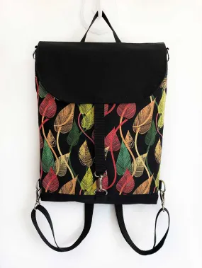 Black Vegan Backpack, Womens Leaves Design Cotton Canvas Bag