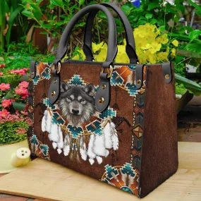 Blue Mandala Feather Wolf Native Leather Bag WCS