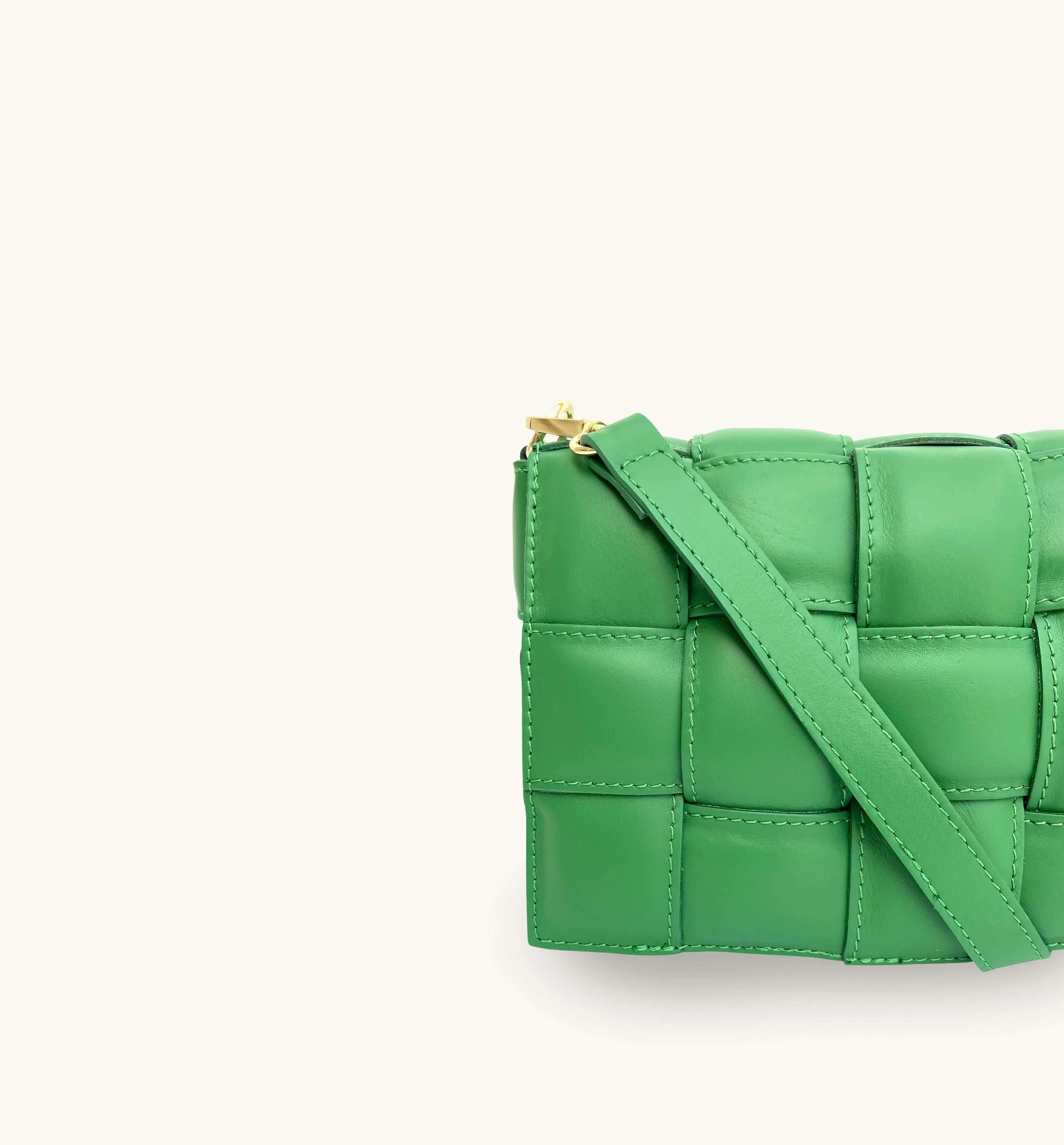 Bottega Green Padded Woven Leather Crossbody Bag With Gold Chain Strap