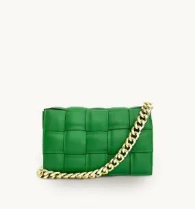 Bottega Green Padded Woven Leather Crossbody Bag With Gold Chain Strap