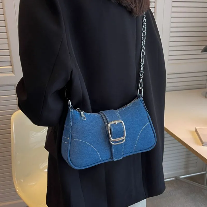 Denim Shoulder Baguette Bag