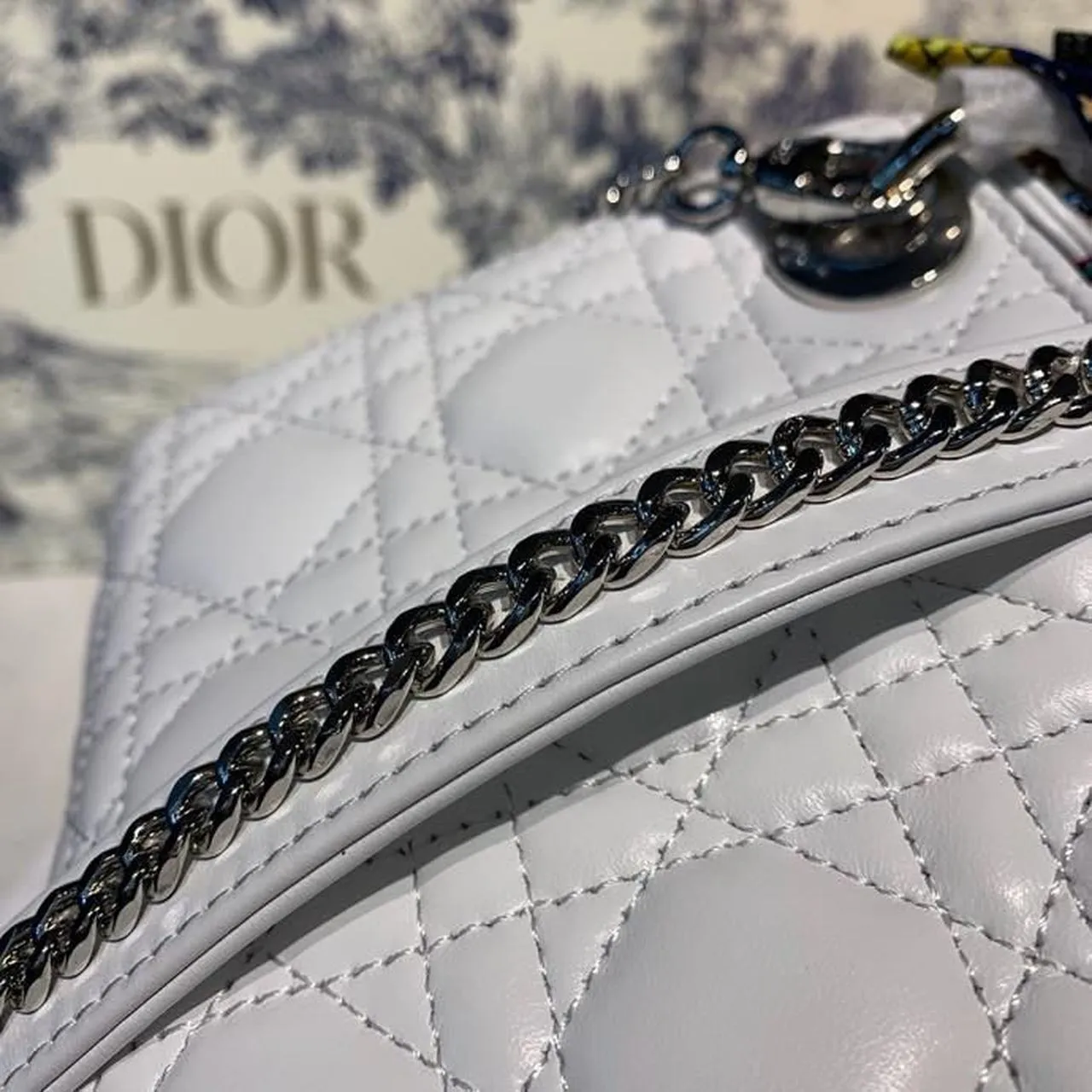 DI Mini Lady Bag with Chain and Embellished Bag Strap Silver Hardware Spring/Summer Collection, White, For Women Women’s Handbags, 18cm CD