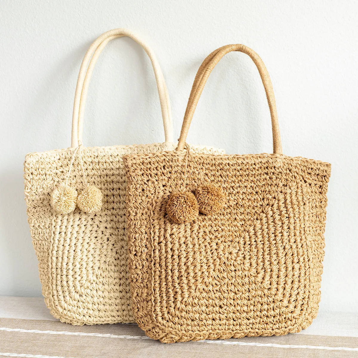 Elena Handbags Patterned Straw Woven Tote with Pom Pom