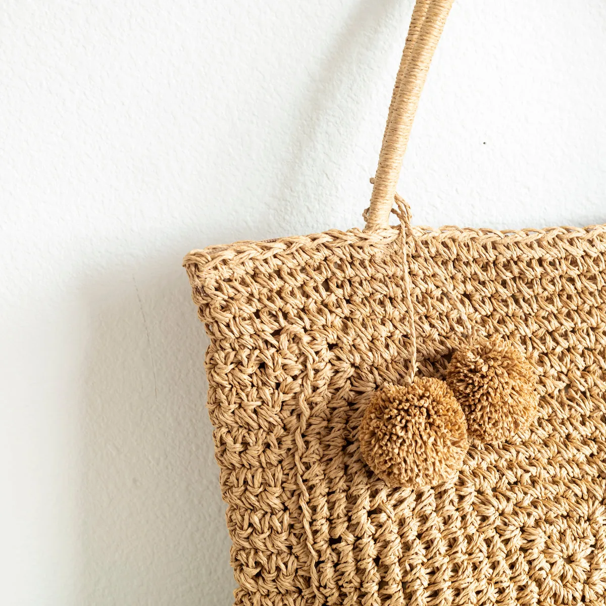 Elena Handbags Patterned Straw Woven Tote with Pom Pom