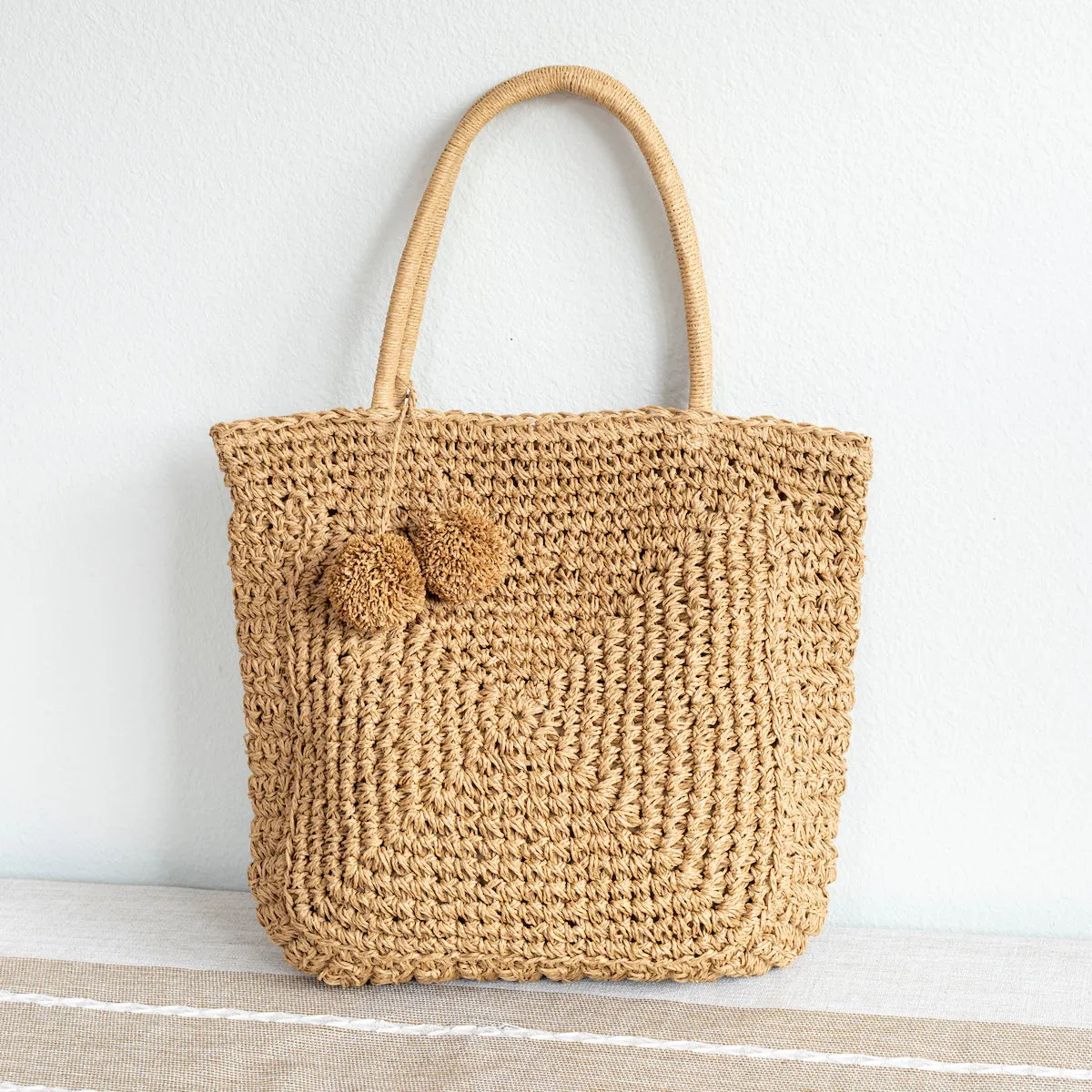 Elena Handbags Patterned Straw Woven Tote with Pom Pom