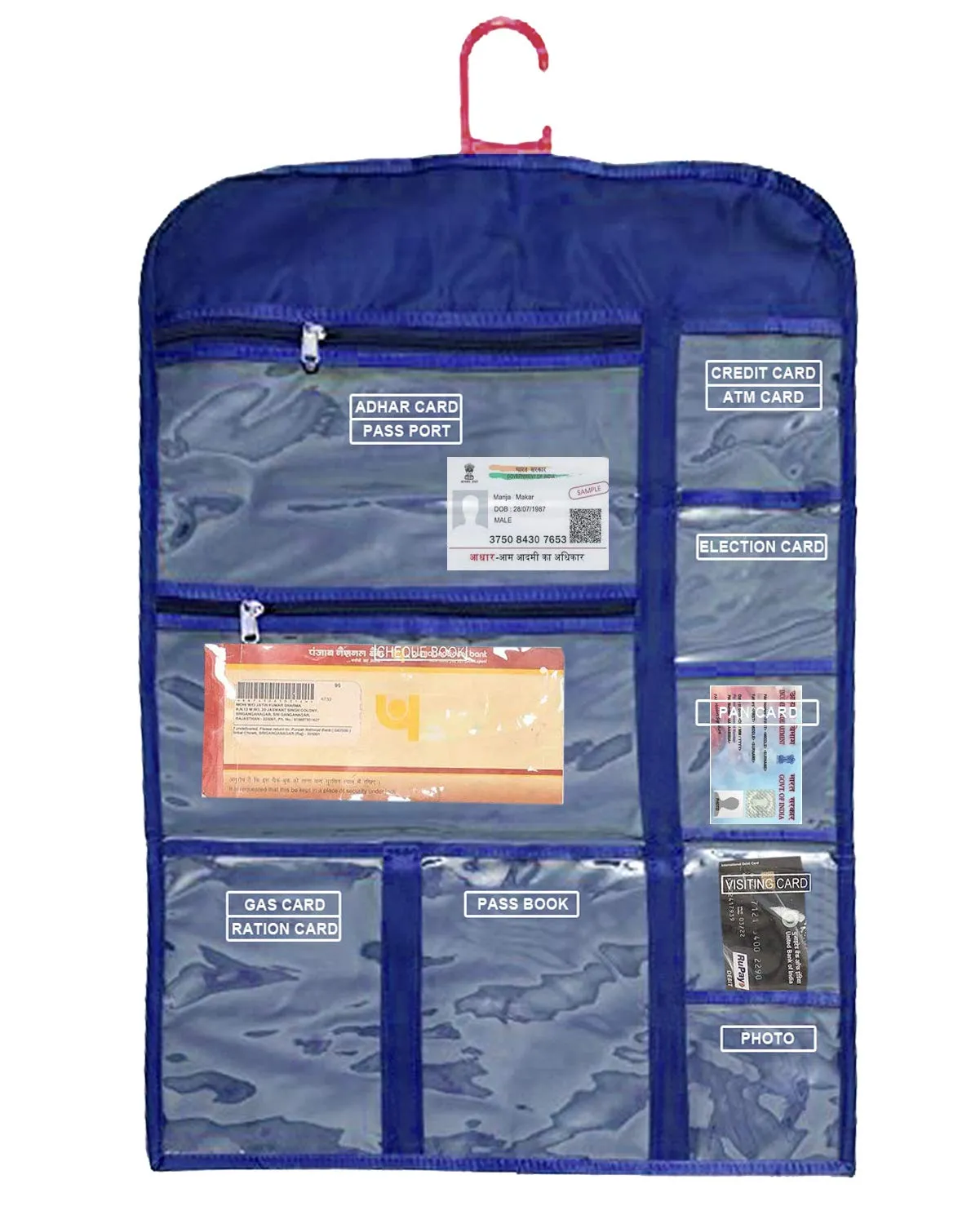 Kuber Industries Satin Multi Utility Wall Hanging for Document Organizer Passport Aadhar, Voter Id, Document Holder (Blue) - CTKTC030991