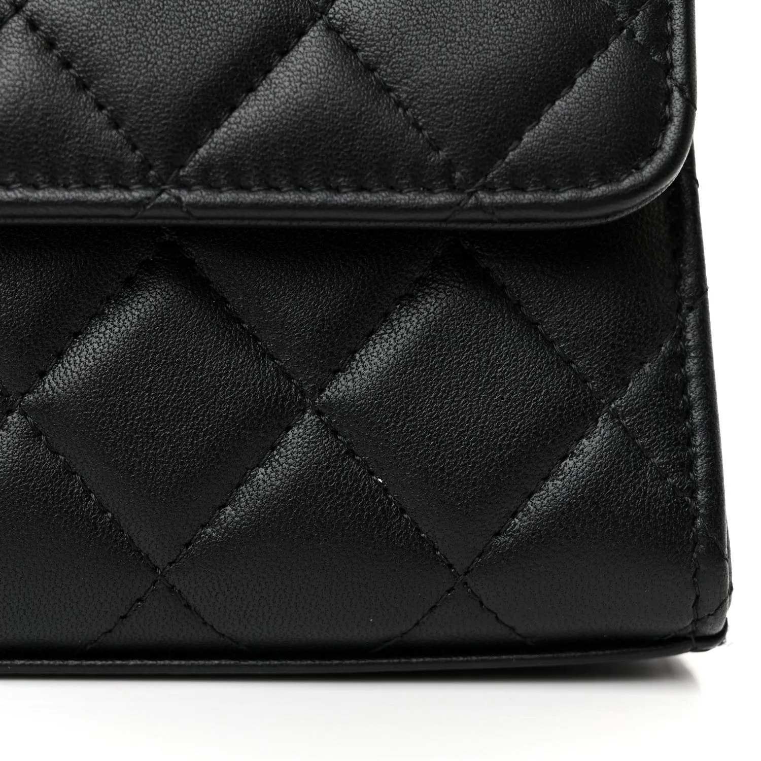 Lambskin Pearl Crystal Quilted Top Handle Flap Phone Holder With Chain Black