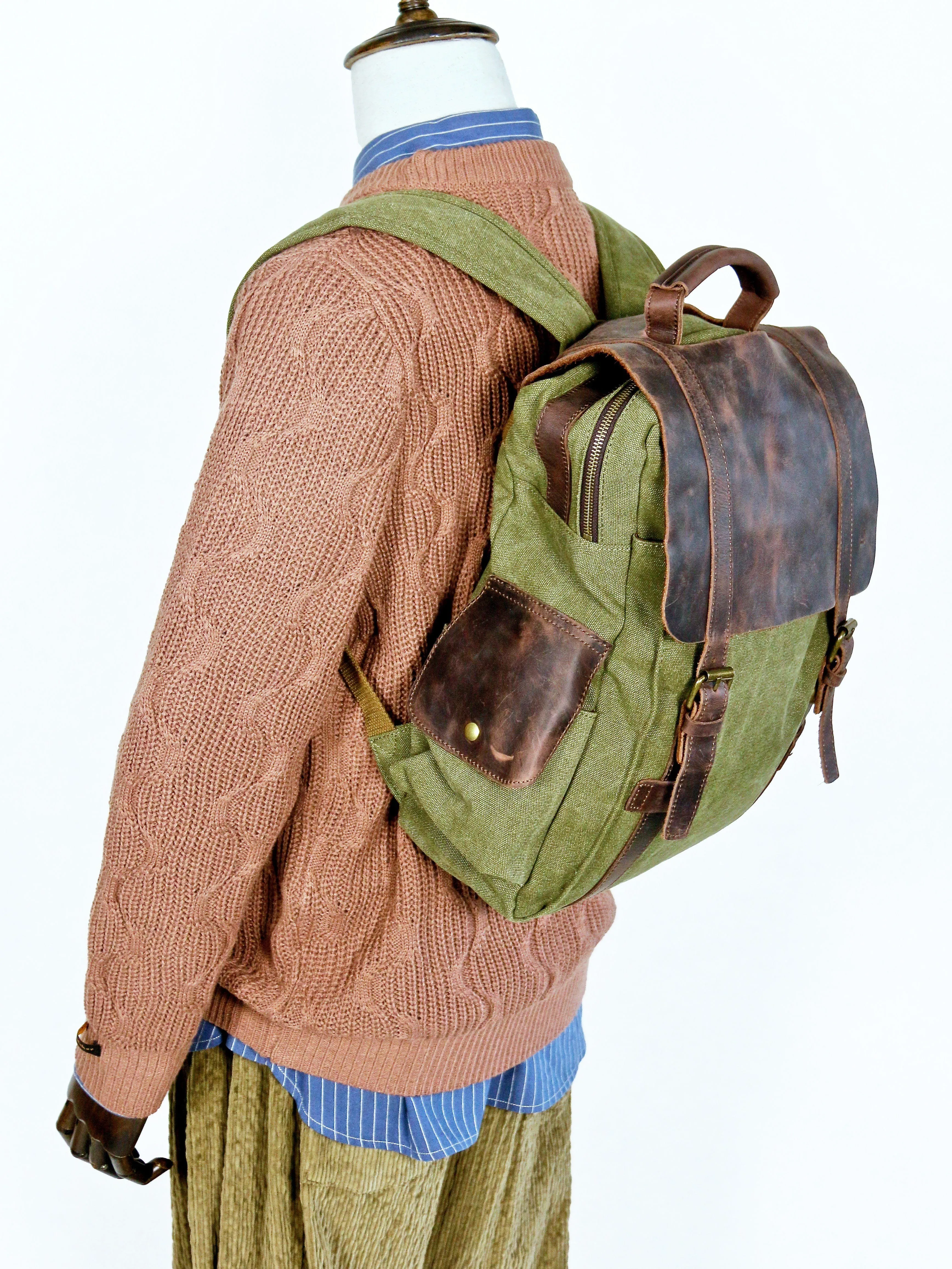 Leather Cover Olive Rucksack