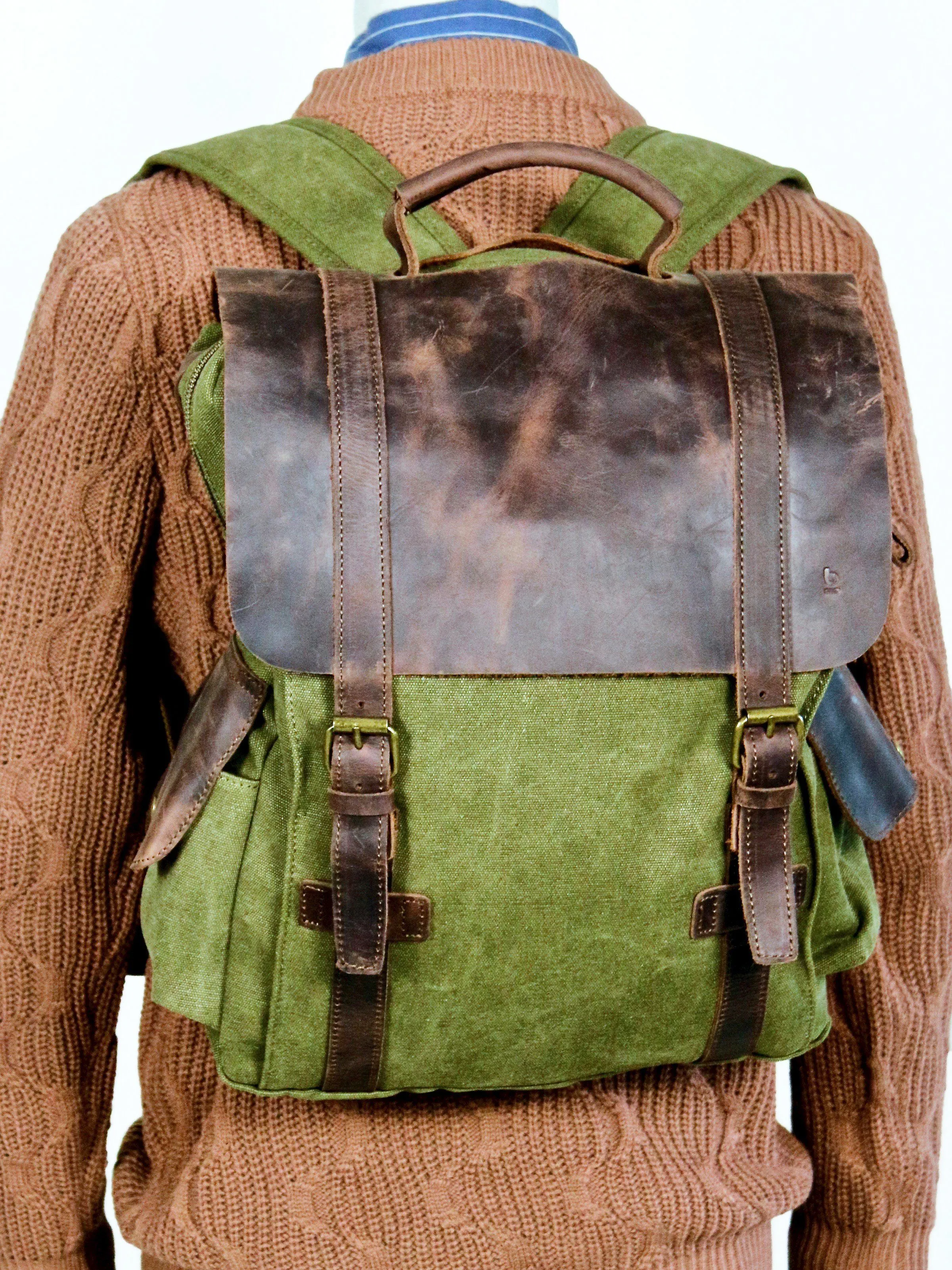 Leather Cover Olive Rucksack