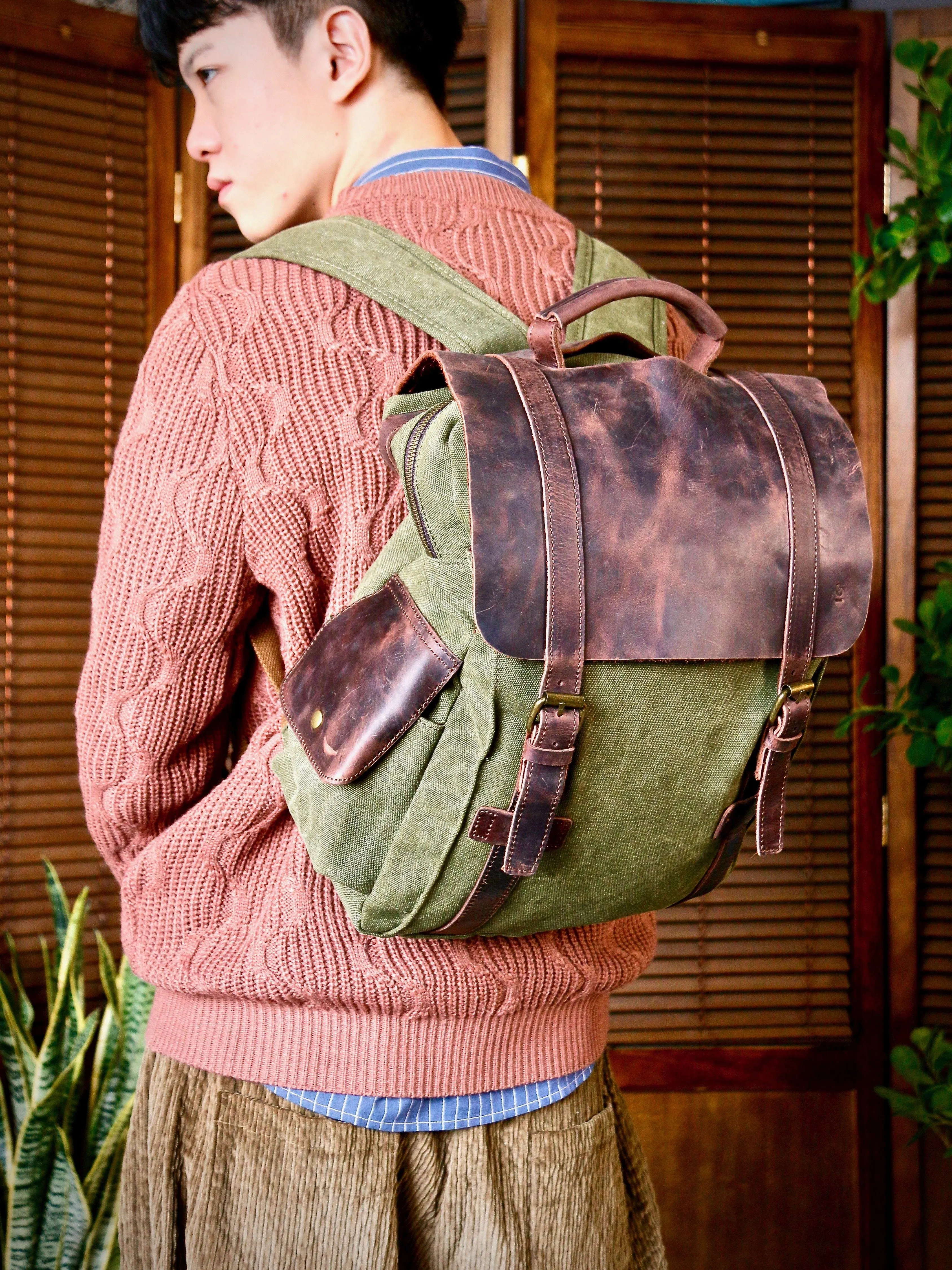 Leather Cover Olive Rucksack