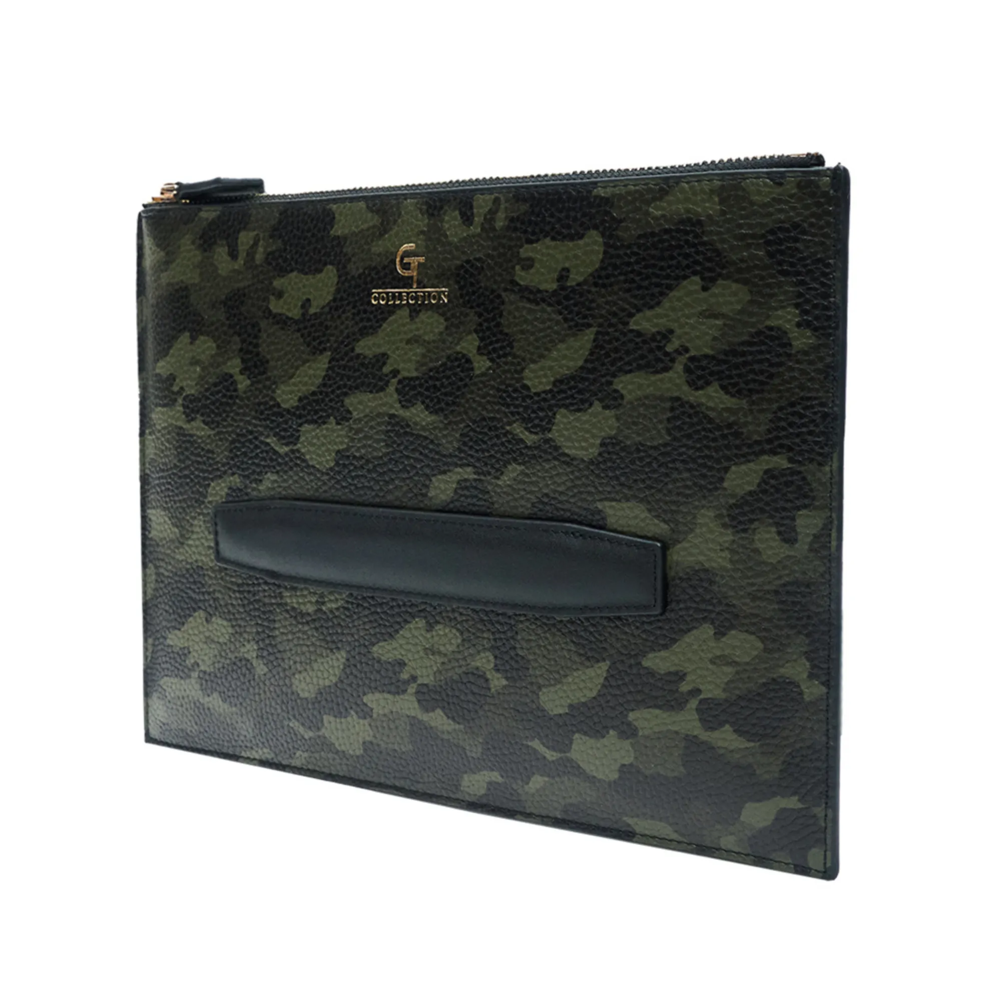 Men's Leather Hand Bag - Green Camouflage with golden details