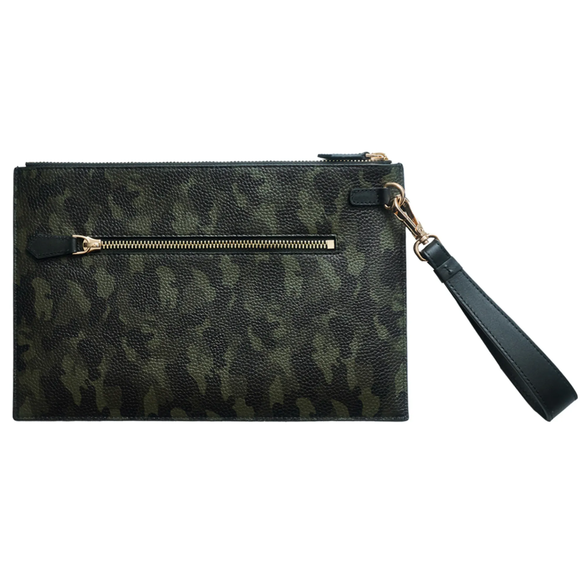 Men's Leather Hand Bag - Green Camouflage with golden details