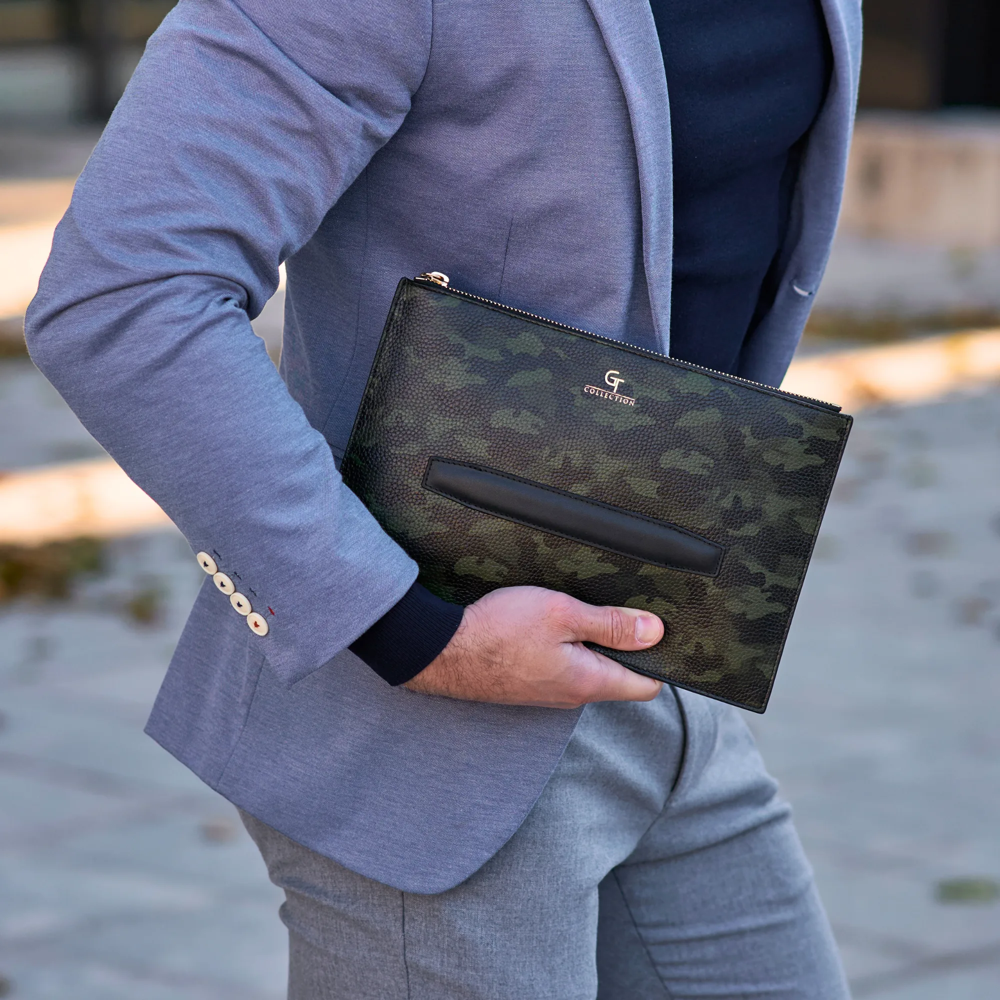 Men's Leather Hand Bag - Green Camouflage with golden details