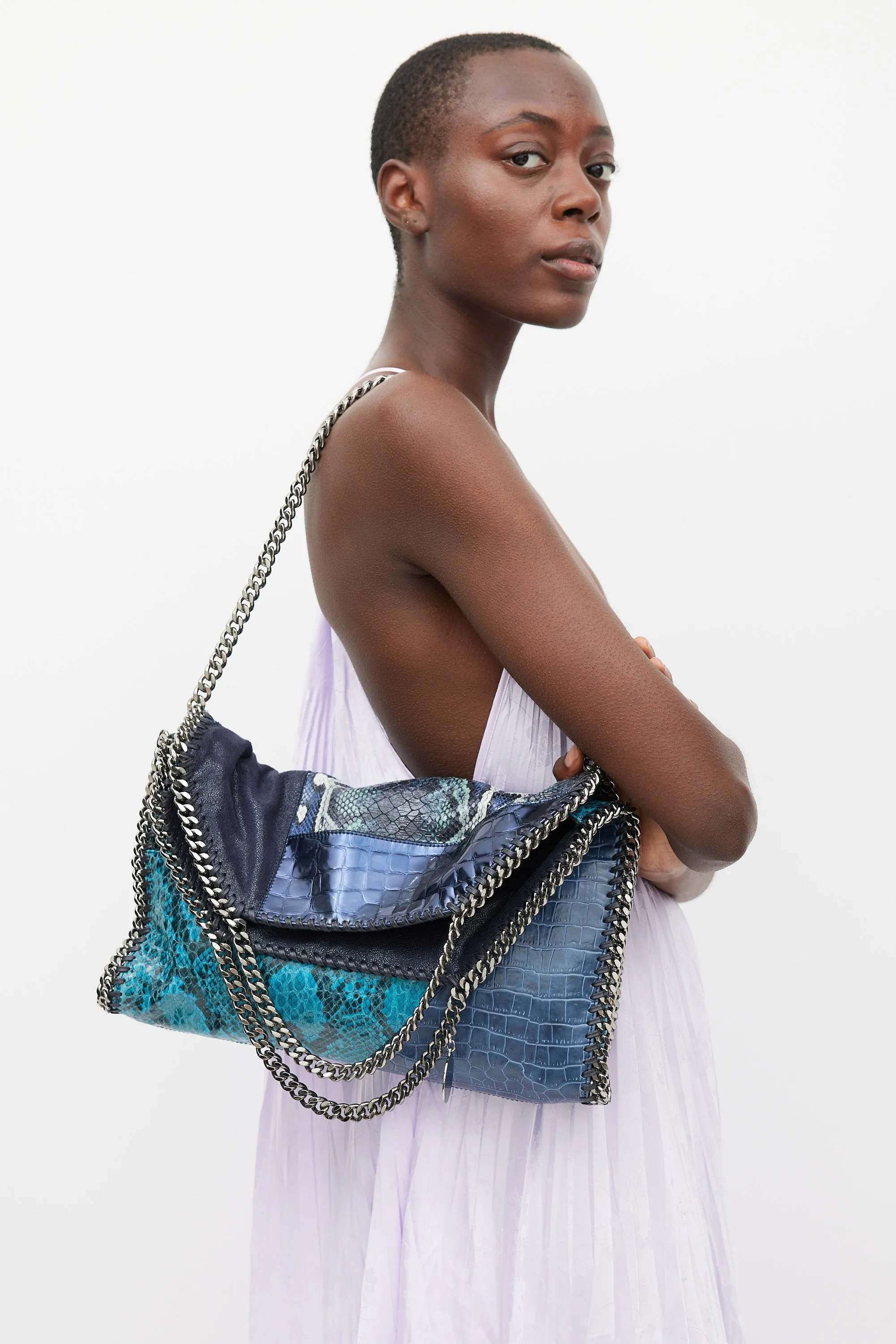 Navy & Multicolour Textured Leather & Suede Falabella Bag