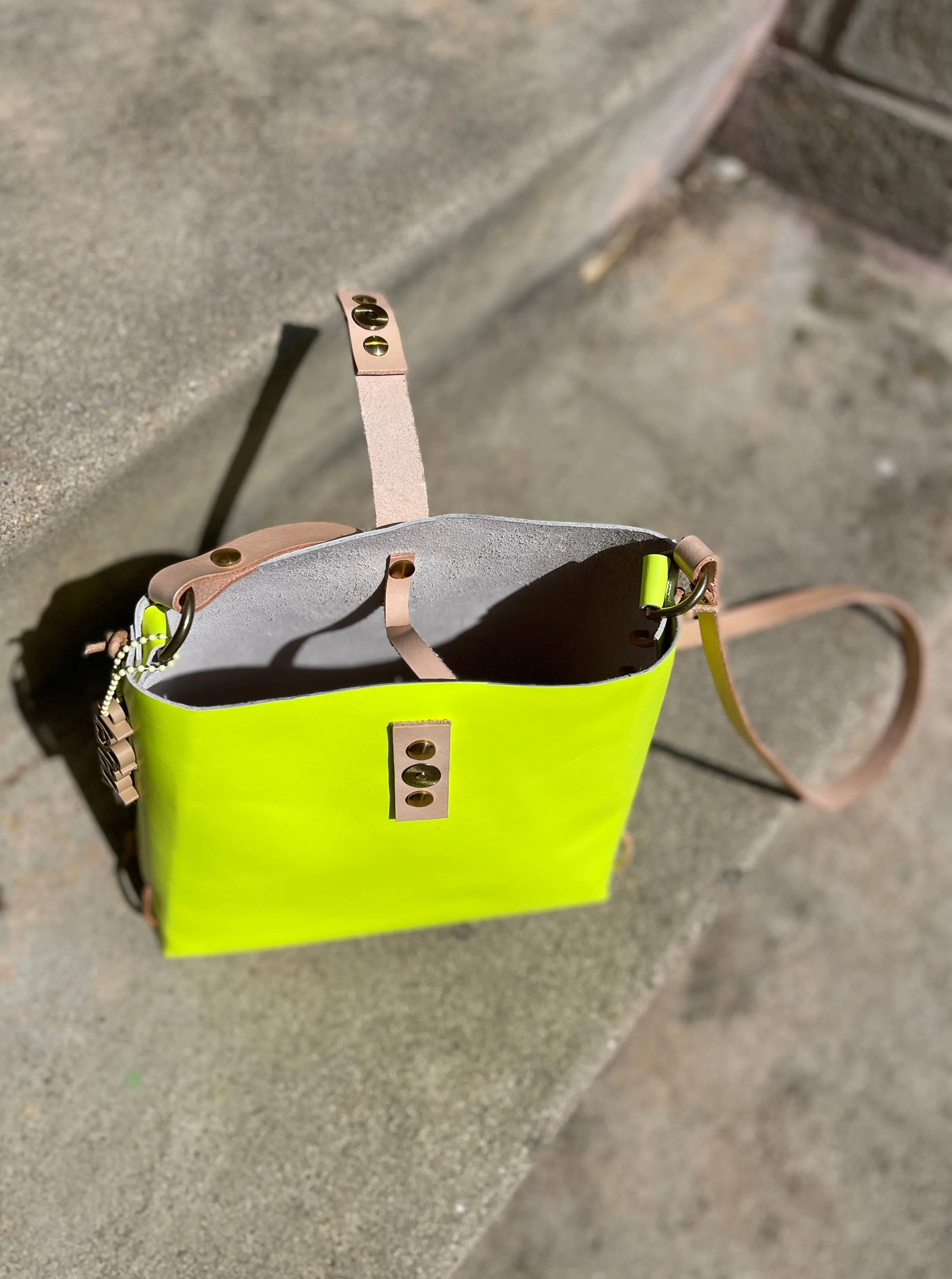 Neon Yellow and Veg Tan Leather Bag