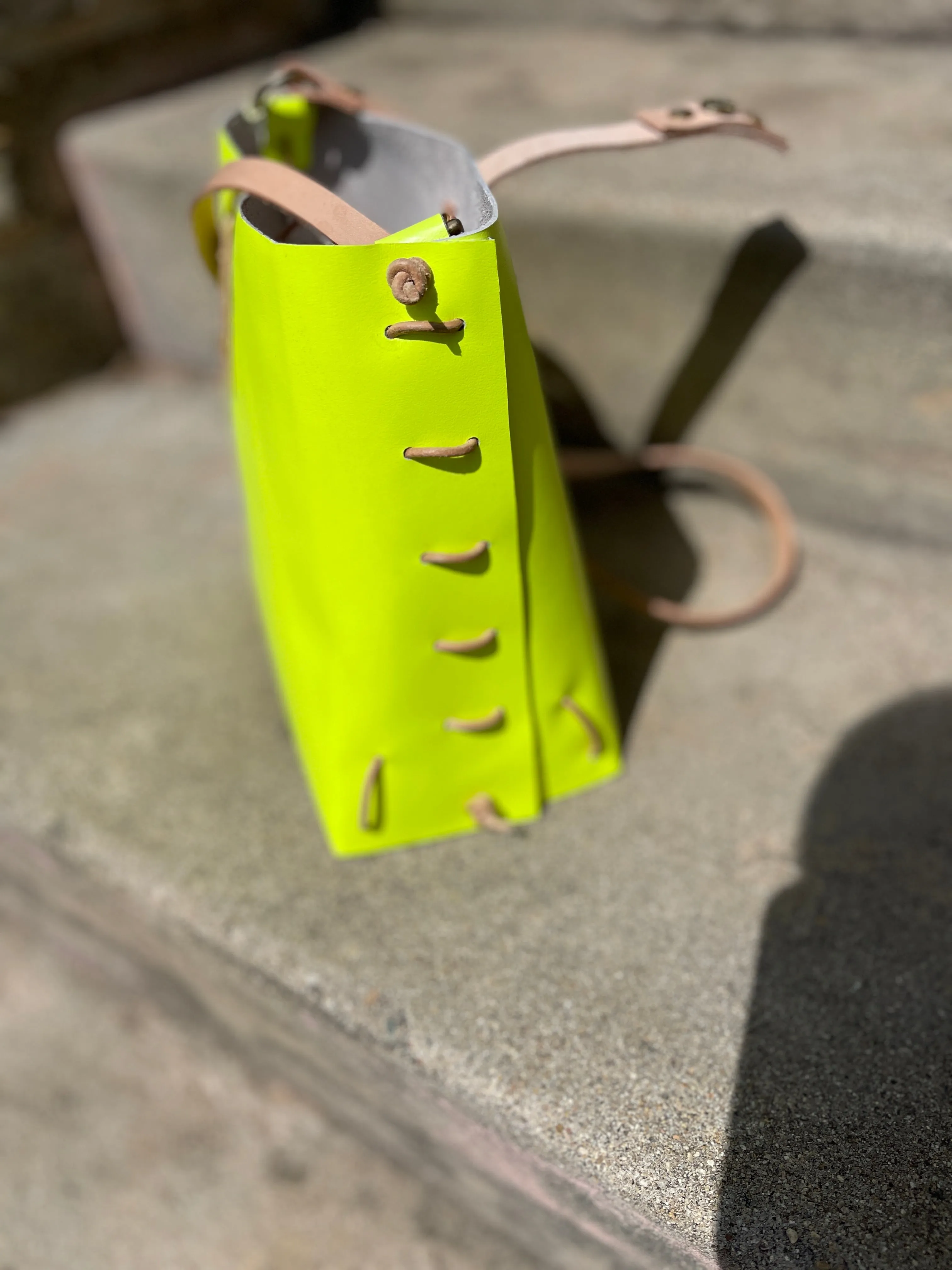 Neon Yellow and Veg Tan Leather Bag