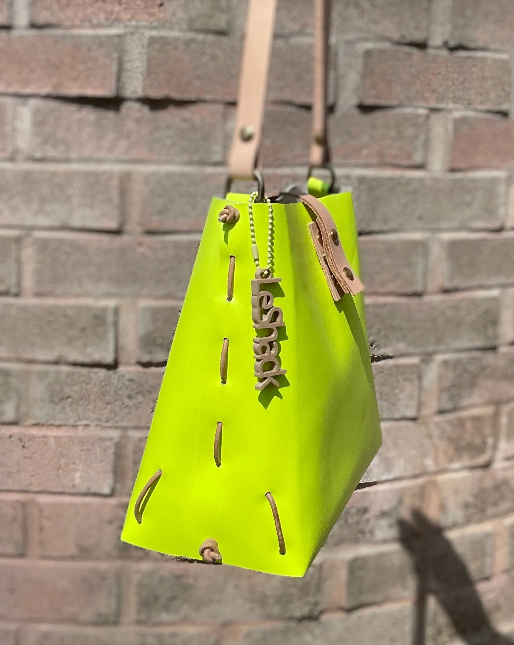 Neon Yellow and Veg Tan Leather Bag