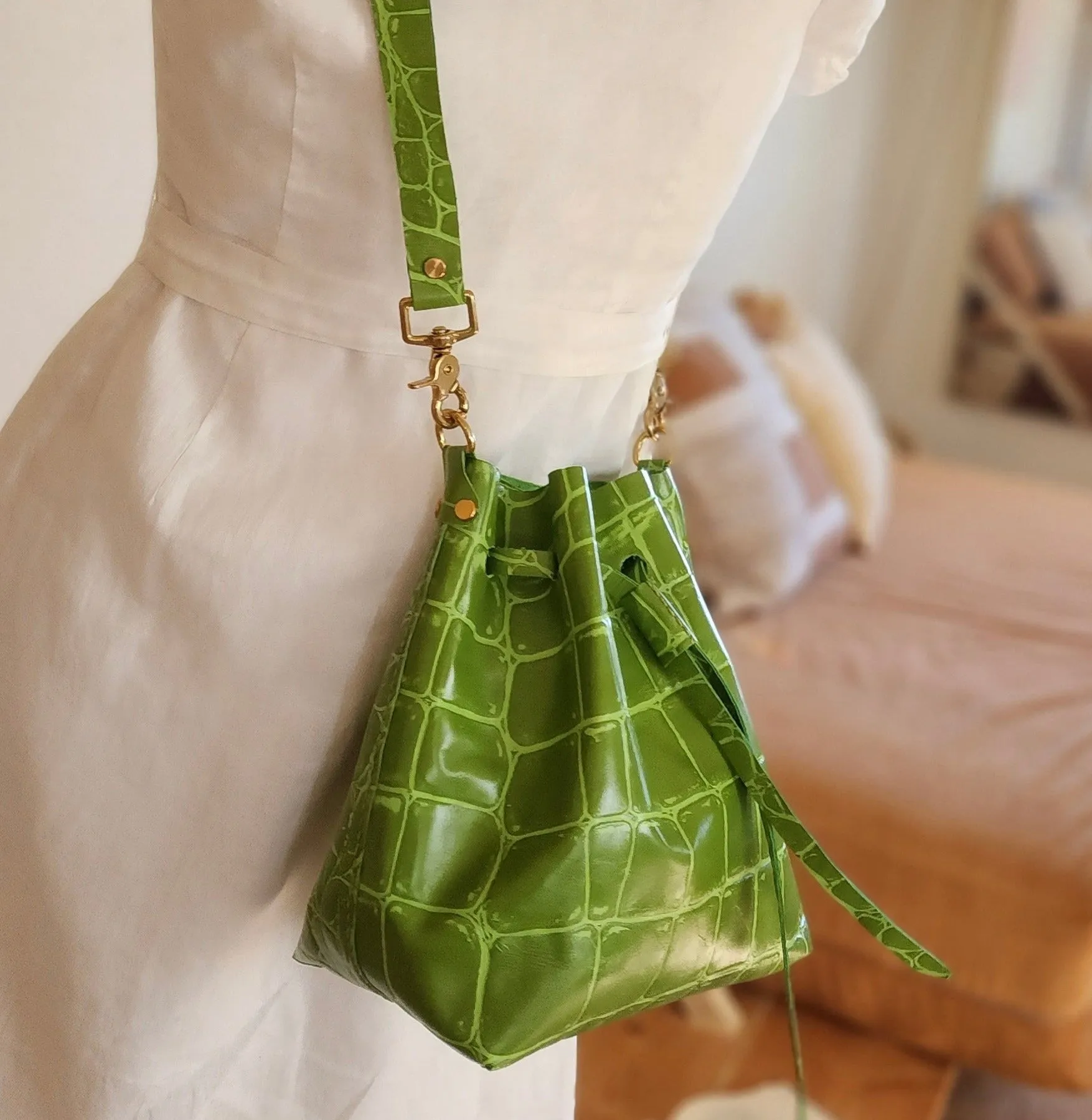 Olive Green Jumbo Croc Embossed Leather Drawstring Crossbody Bucket Bag