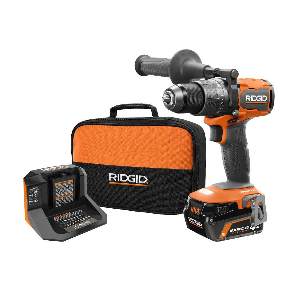 Open Box -  RIDGID 18V Brushless Cordless 1/2 in. Hammer Drill/Driver Kit with 4.0 Ah MAX Output Battery, 18V Charger, and Tool Bag