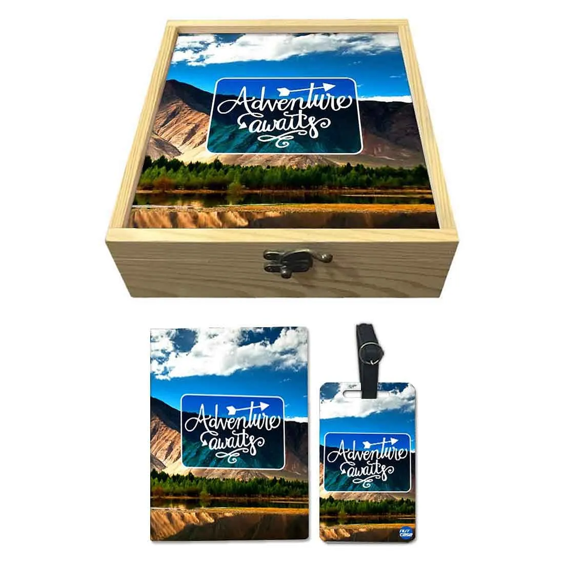 Passport Cover Luggage Tag Wooden Gift Box Set - Adventure Awaits