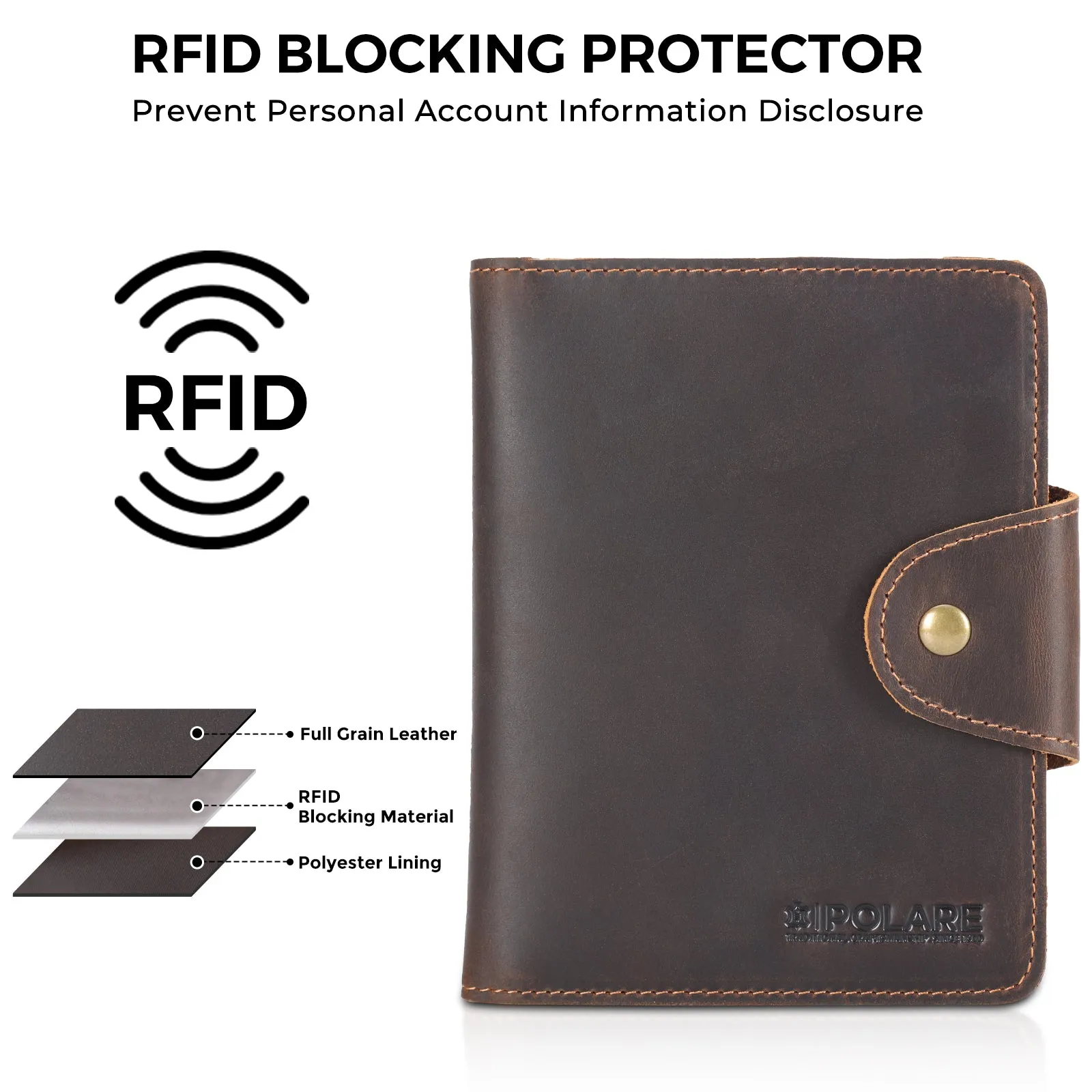 Polare Full Grain Leather Slim and Soft RFID Blocking wallet For Men Snap Bifold Travel Wallet Passport Holders 2 Passports