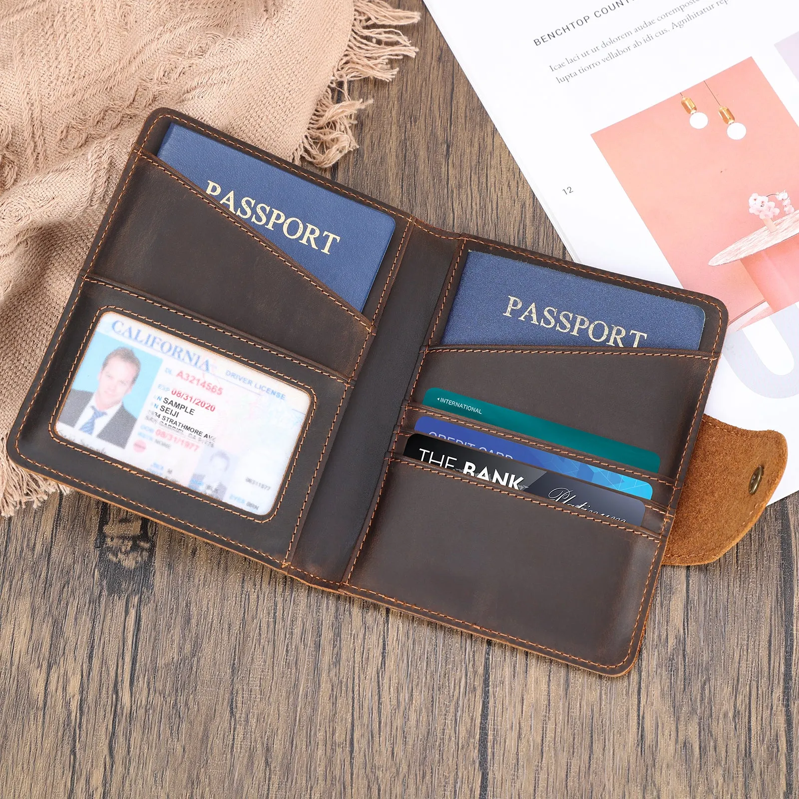 Polare Full Grain Leather Slim and Soft RFID Blocking wallet For Men Snap Bifold Travel Wallet Passport Holders 2 Passports