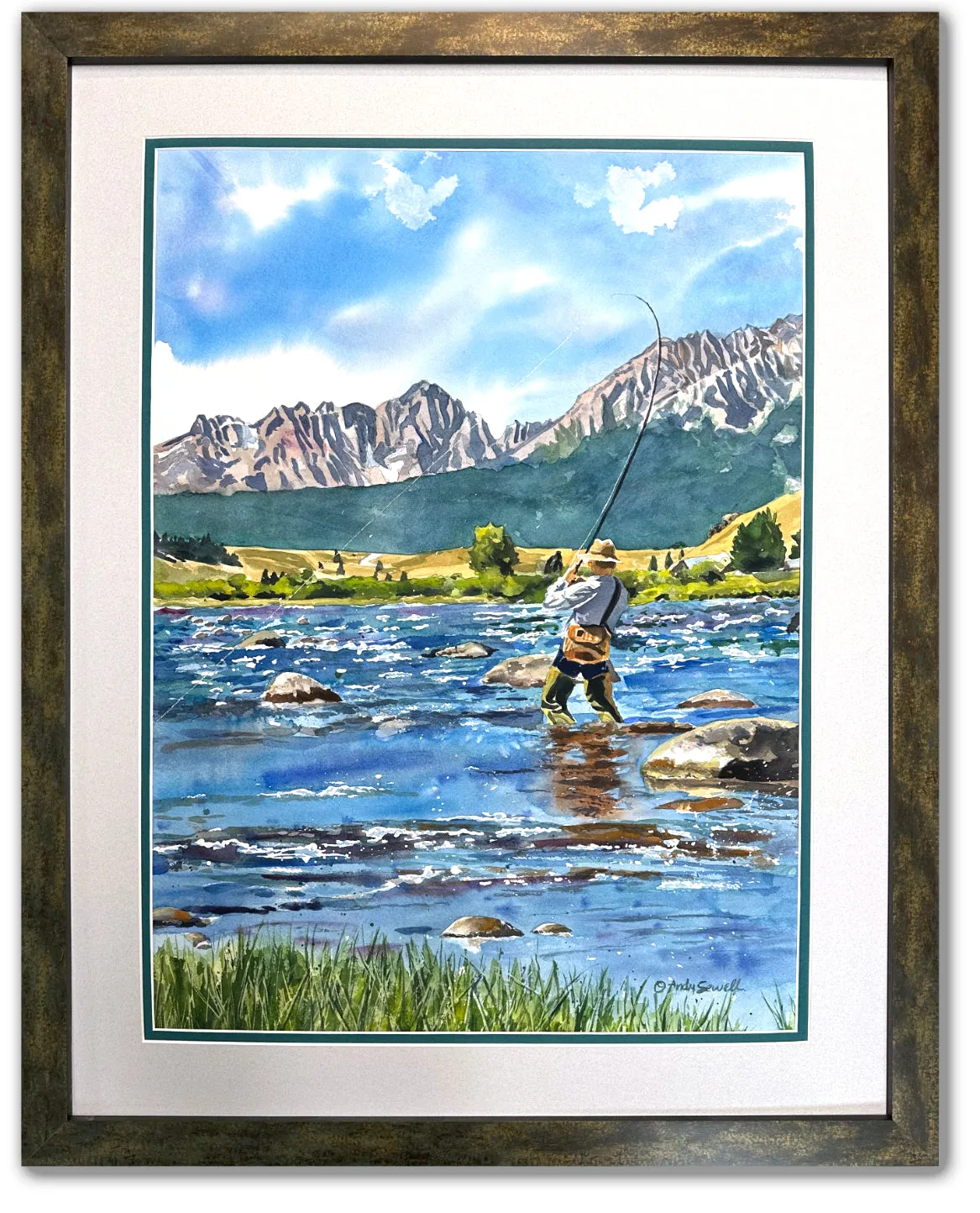 "Tight Lines" - an Open Edition Print from a watercolor of a Fly-fisherman on Idaho's upper Salmon River.