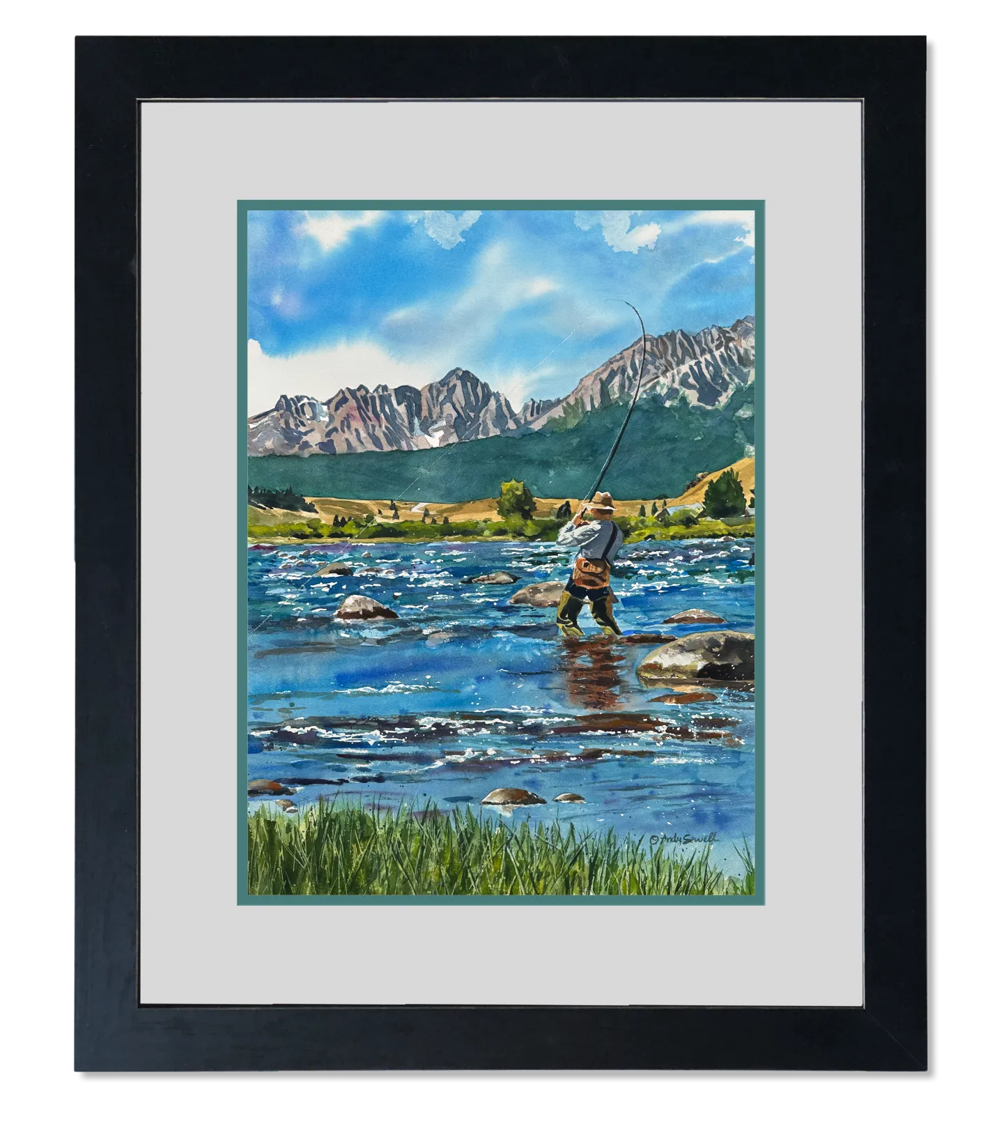 "Tight Lines" - an Open Edition Print from a watercolor of a Fly-fisherman on Idaho's upper Salmon River.