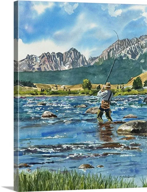 "Tight Lines" - an Open Edition Print from a watercolor of a Fly-fisherman on Idaho's upper Salmon River.