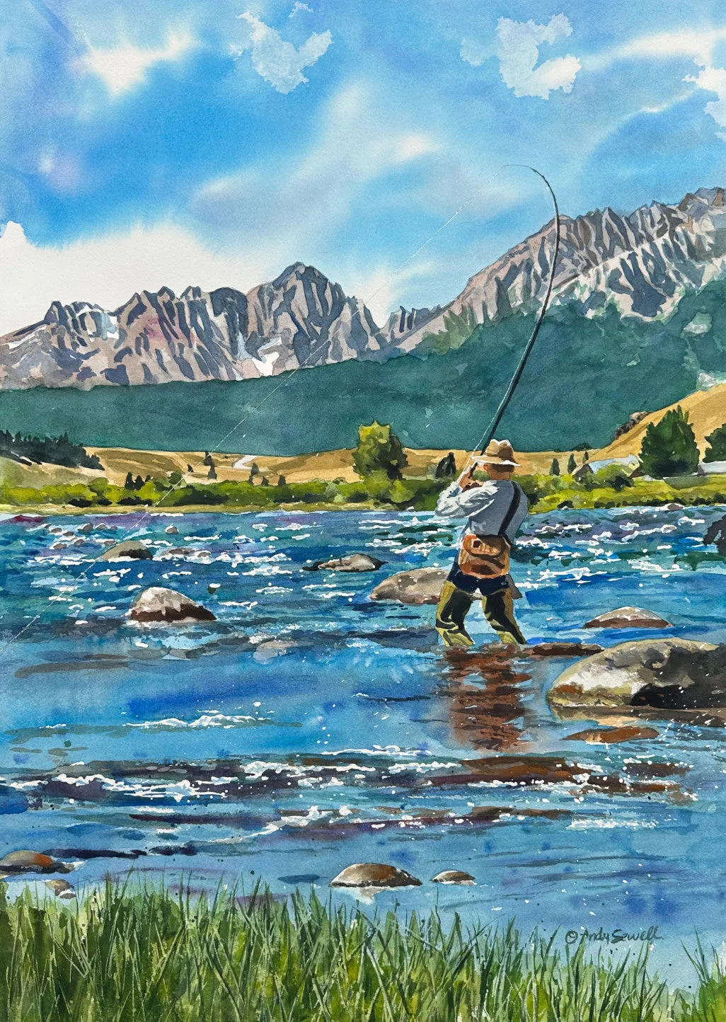 "Tight Lines" - an Open Edition Print from a watercolor of a Fly-fisherman on Idaho's upper Salmon River.