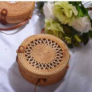 Round Rattan Straw Bag Crossbody Canteen Beach Purse Boho Bohemian Handbag Handmade Messenger Bag Natural Brown Beige Black White Colors Over 50 Different Styles!