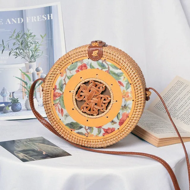 Round Rattan Straw Bag Crossbody Canteen Beach Purse Boho Bohemian Handbag Handmade Messenger Bag Natural Brown Beige Black White Colors Over 50 Different Styles!