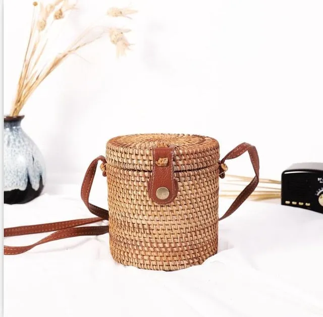 Round Rattan Straw Bag Crossbody Canteen Beach Purse Boho Bohemian Handbag Handmade Messenger Bag Natural Brown Beige Black White Colors Over 50 Different Styles!