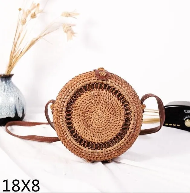 Round Rattan Straw Bag Crossbody Canteen Beach Purse Boho Bohemian Handbag Handmade Messenger Bag Natural Brown Beige Black White Colors Over 50 Different Styles!