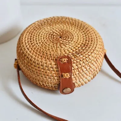 Round Rattan Straw Bag Crossbody Canteen Beach Purse Boho Bohemian Handbag Handmade Messenger Bag Natural Brown Beige Black White Colors Over 50 Different Styles!