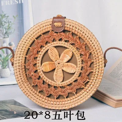 Round Rattan Straw Bag Crossbody Canteen Beach Purse Boho Bohemian Handbag Handmade Messenger Bag Natural Brown Beige Black White Colors Over 50 Different Styles!